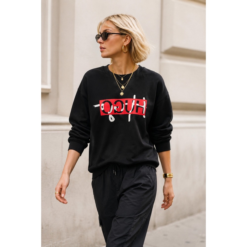 Hugo Boss Unisex Black Graphic Logo Crewneck Sweatshirt Size S Streetwear‎